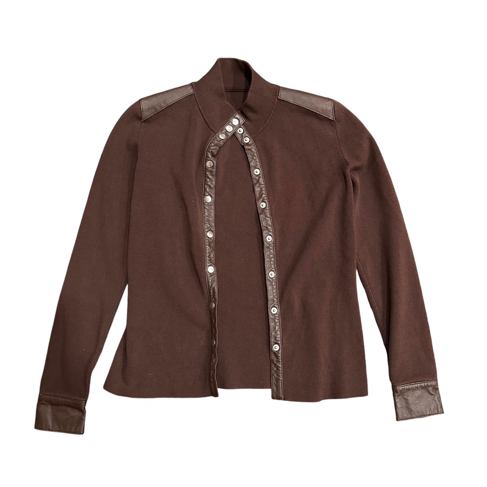 Brown Knit Mock Neck Cardigan Faux Leather Trim Snap Front Thumbhole Sleeve
